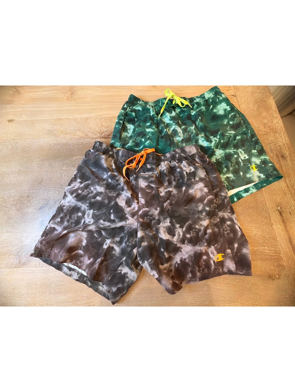 Lot - 2 Champion Men's Shorts Size Large Cloud Dye TieDye Swim Trunks Gray Green